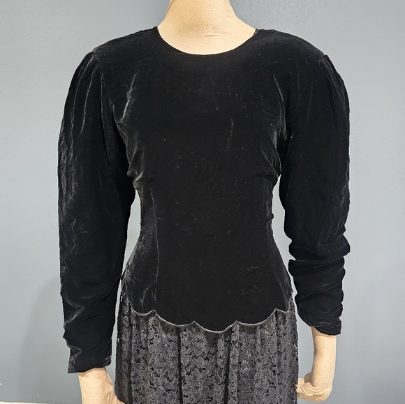 Vintage CHAR Black Silk Blend Velvet Lace Fit Flare Midi Evening Dress Gown 8 - Picture 6 of 10